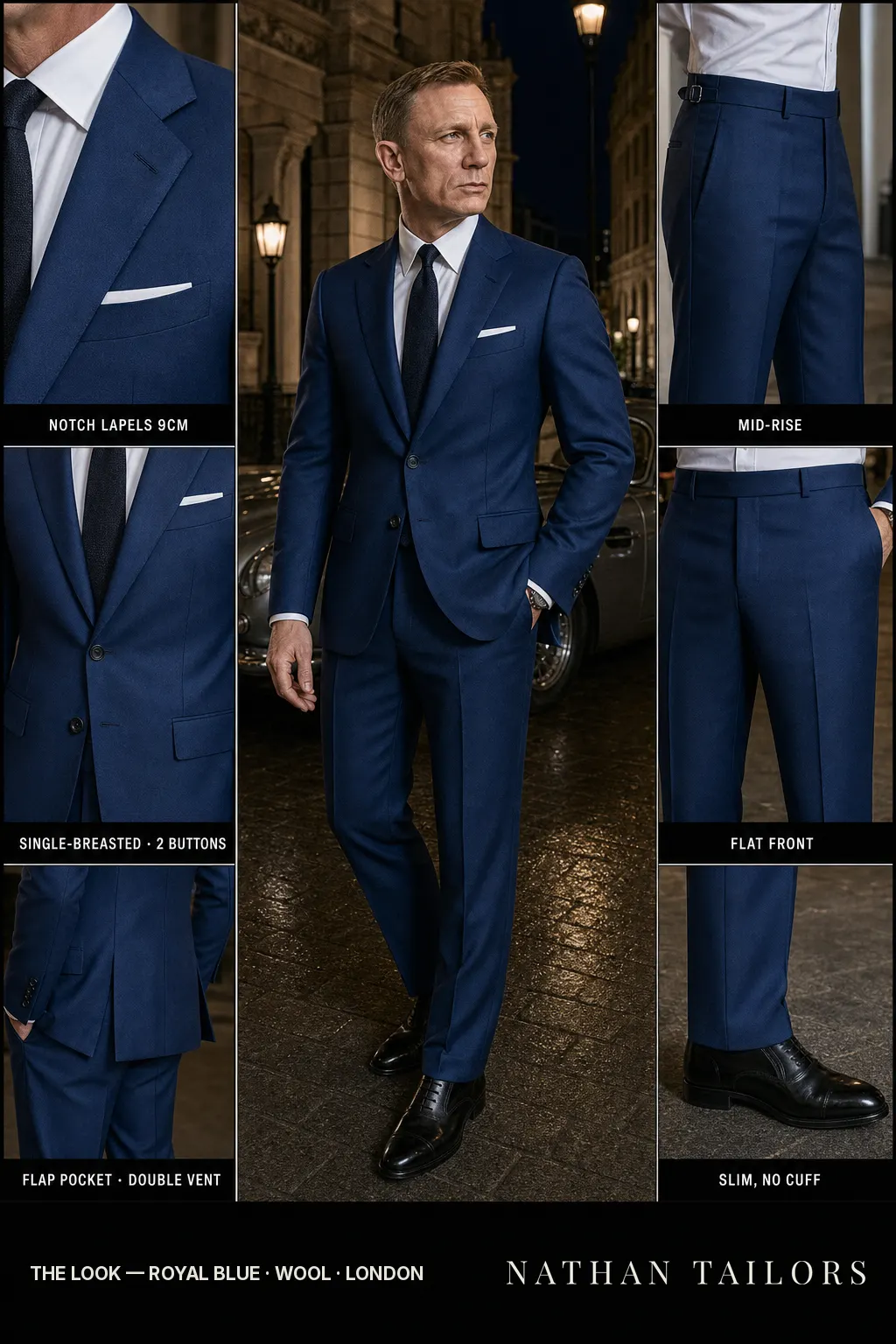royal blue single-breasted bespoke suit โ custom tailored by Nathan Tailors, the Hoi An custom tailor