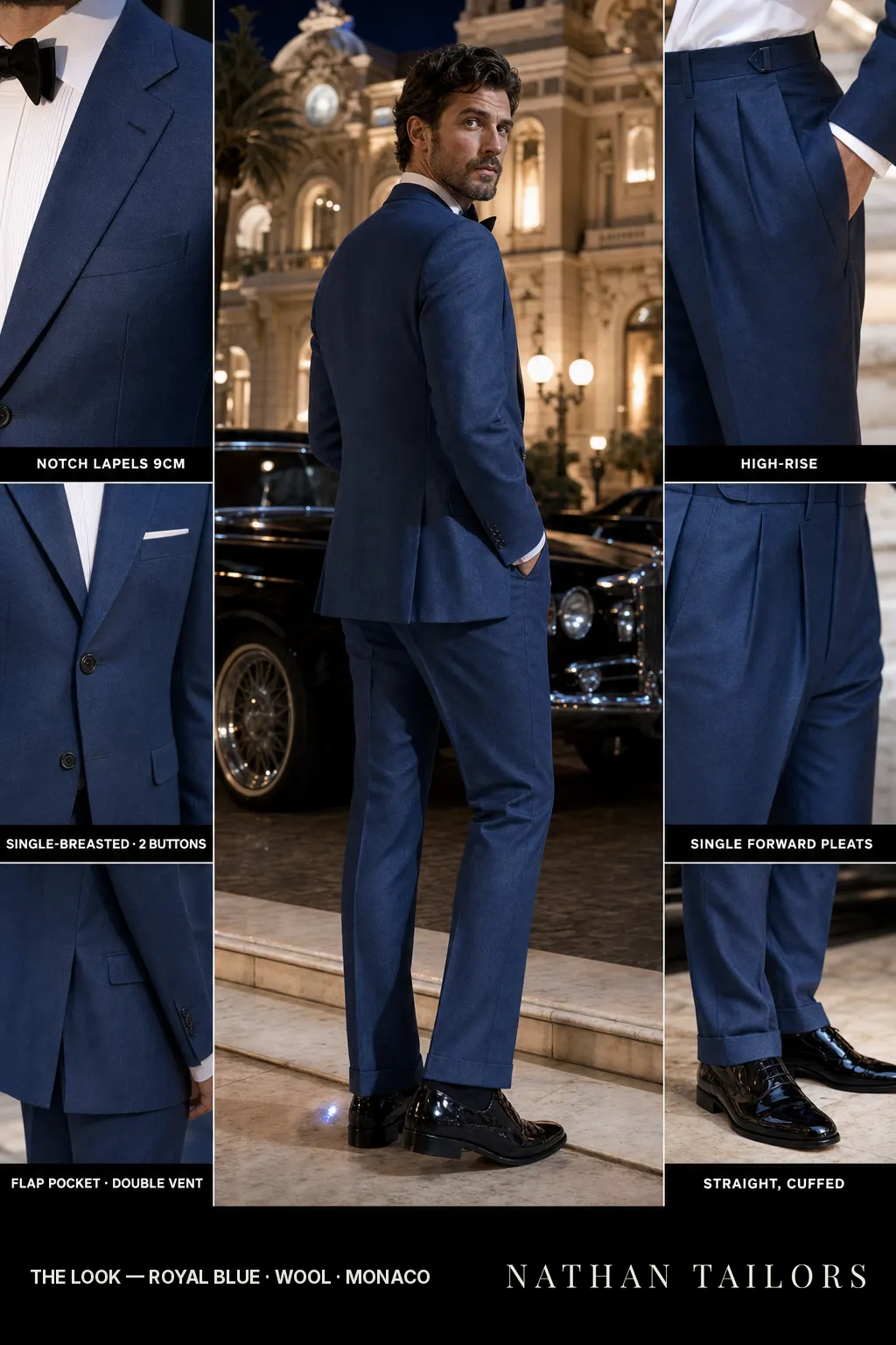 royal blue single-breasted notch-lapel bespoke suit — AI-rendered by Nathan Tailors, the Hoi An custom tailor. Available as a custom tailored suit from $149.
