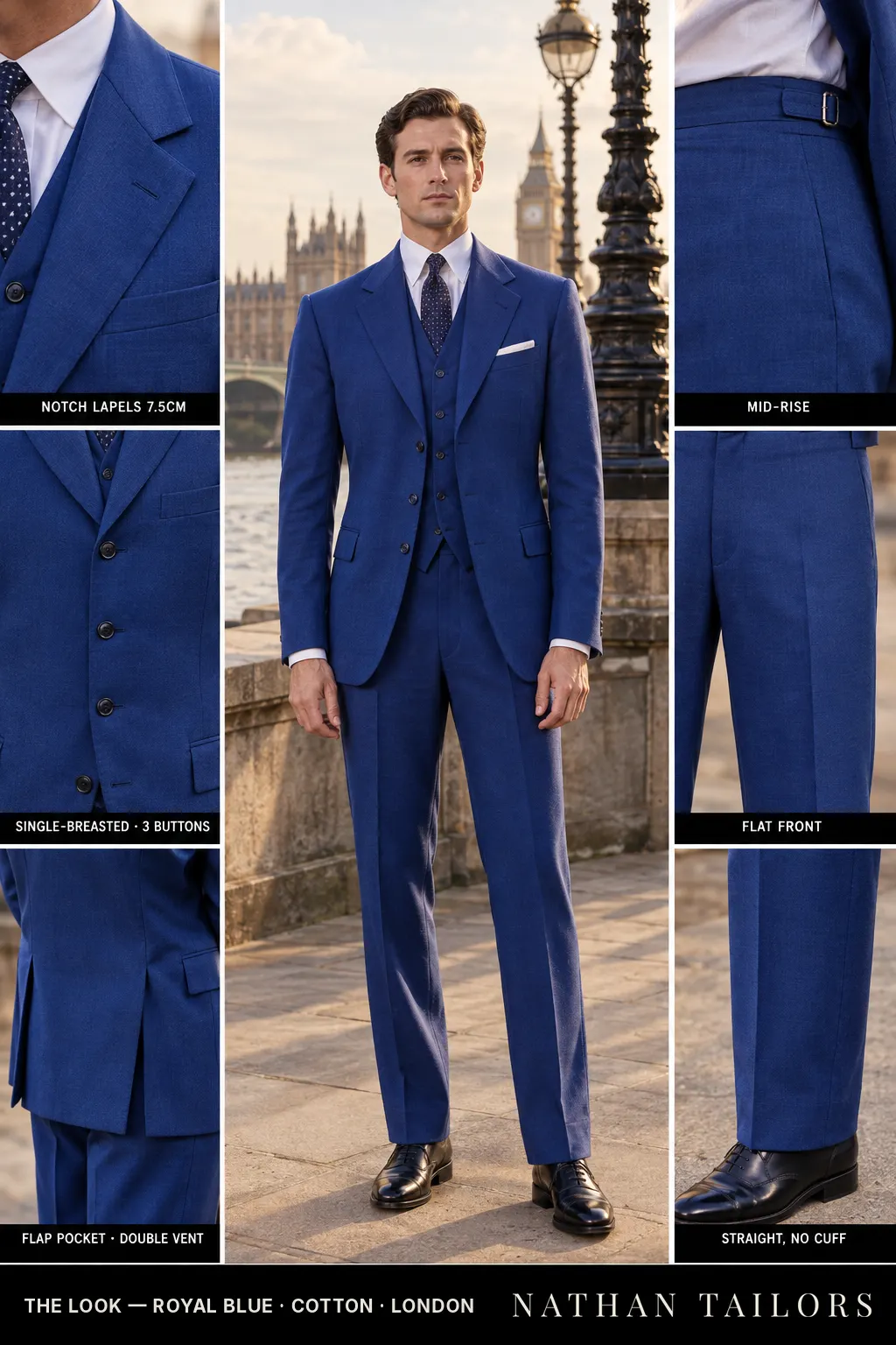 royal blue single-breasted bespoke suit โ custom tailored by Nathan Tailors, the Hoi An custom tailor