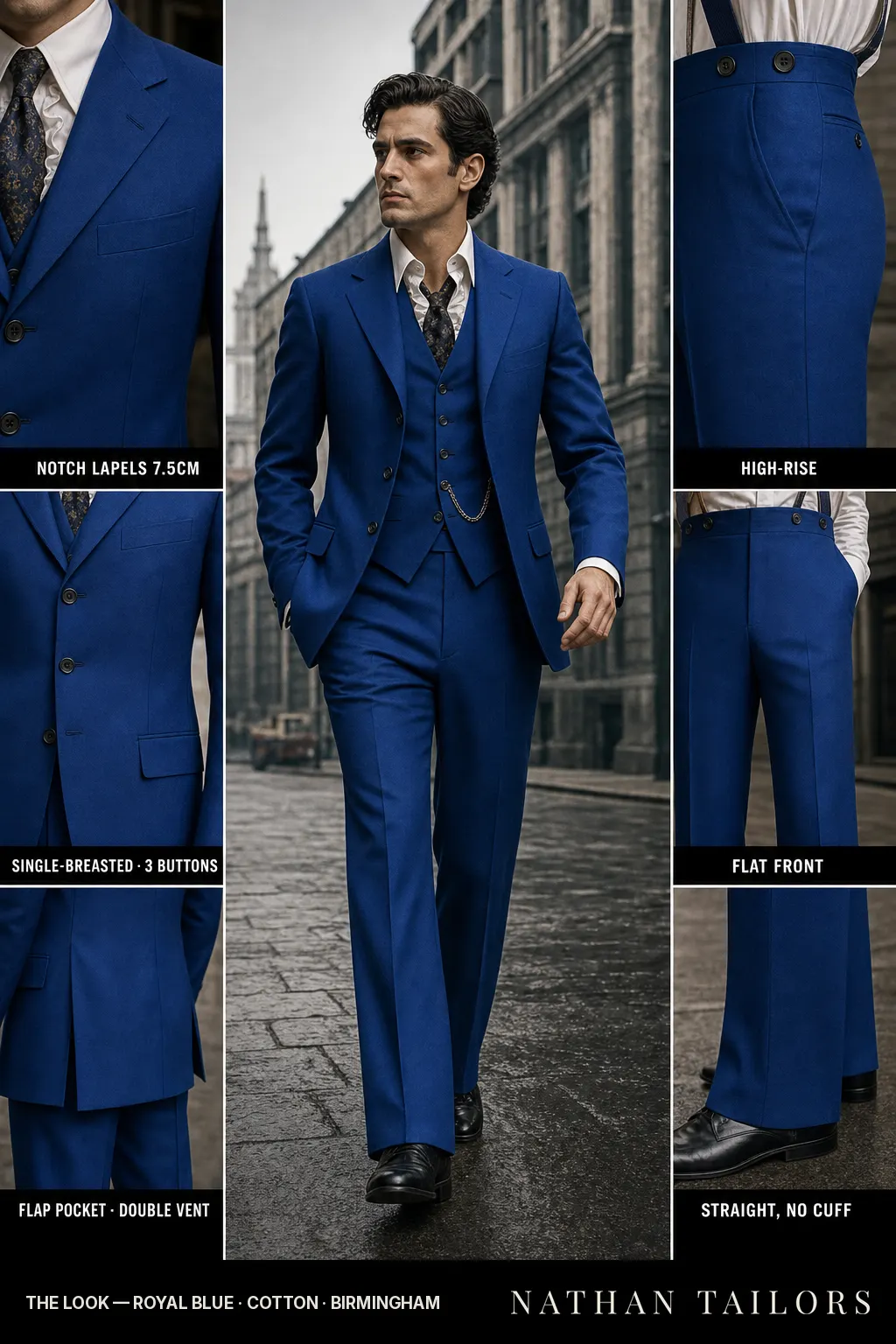 royal blue single-breasted notch-lapel bespoke suit โ AI-rendered by Nathan Tailors, the Hoi An custom tailor. Available as a custom tailored suit from $149.