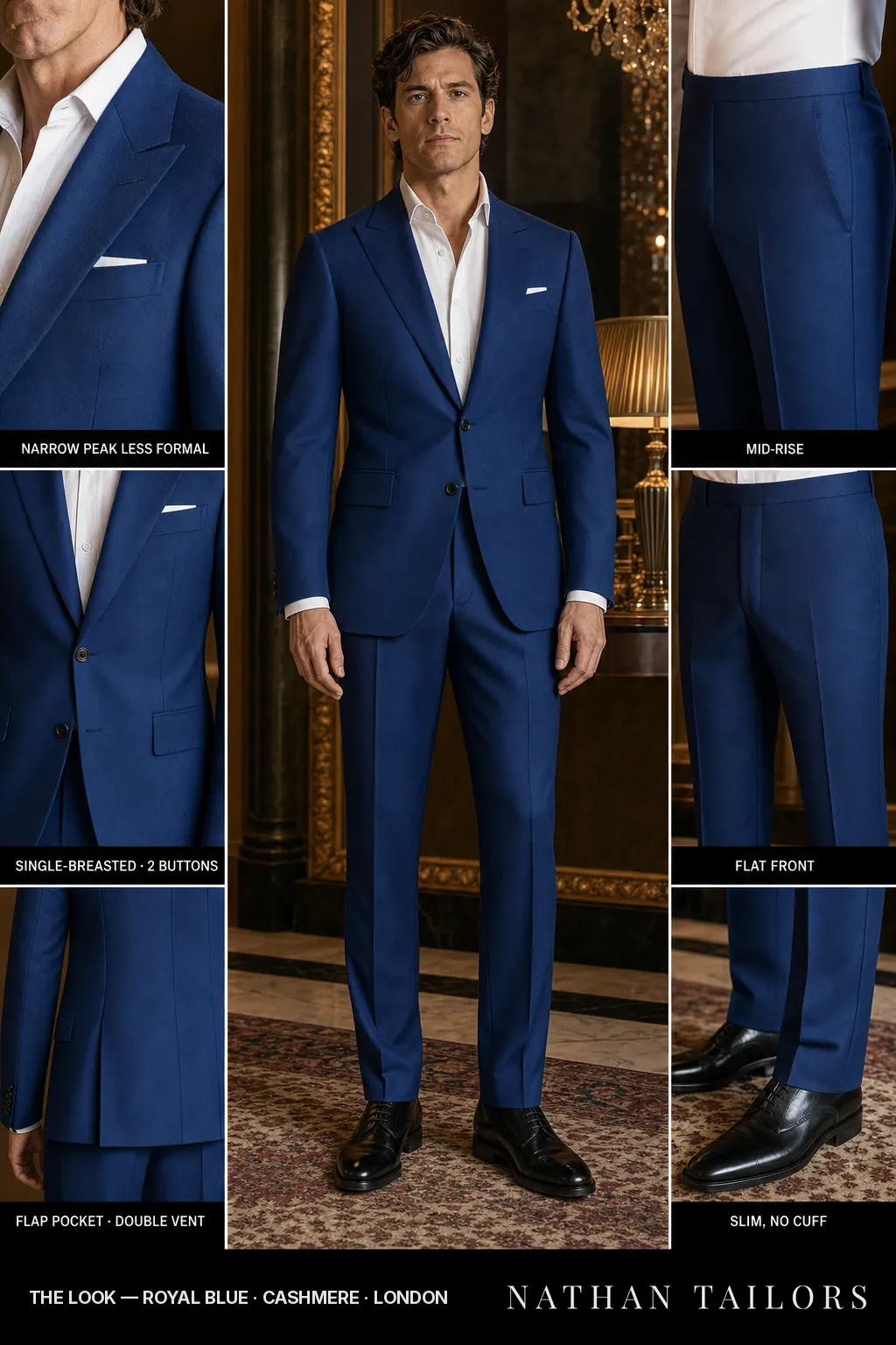royal blue single-breasted notch-lapel bespoke suit — AI-rendered by Nathan Tailors, the Hoi An custom tailor. Available as a custom tailored suit from $149.