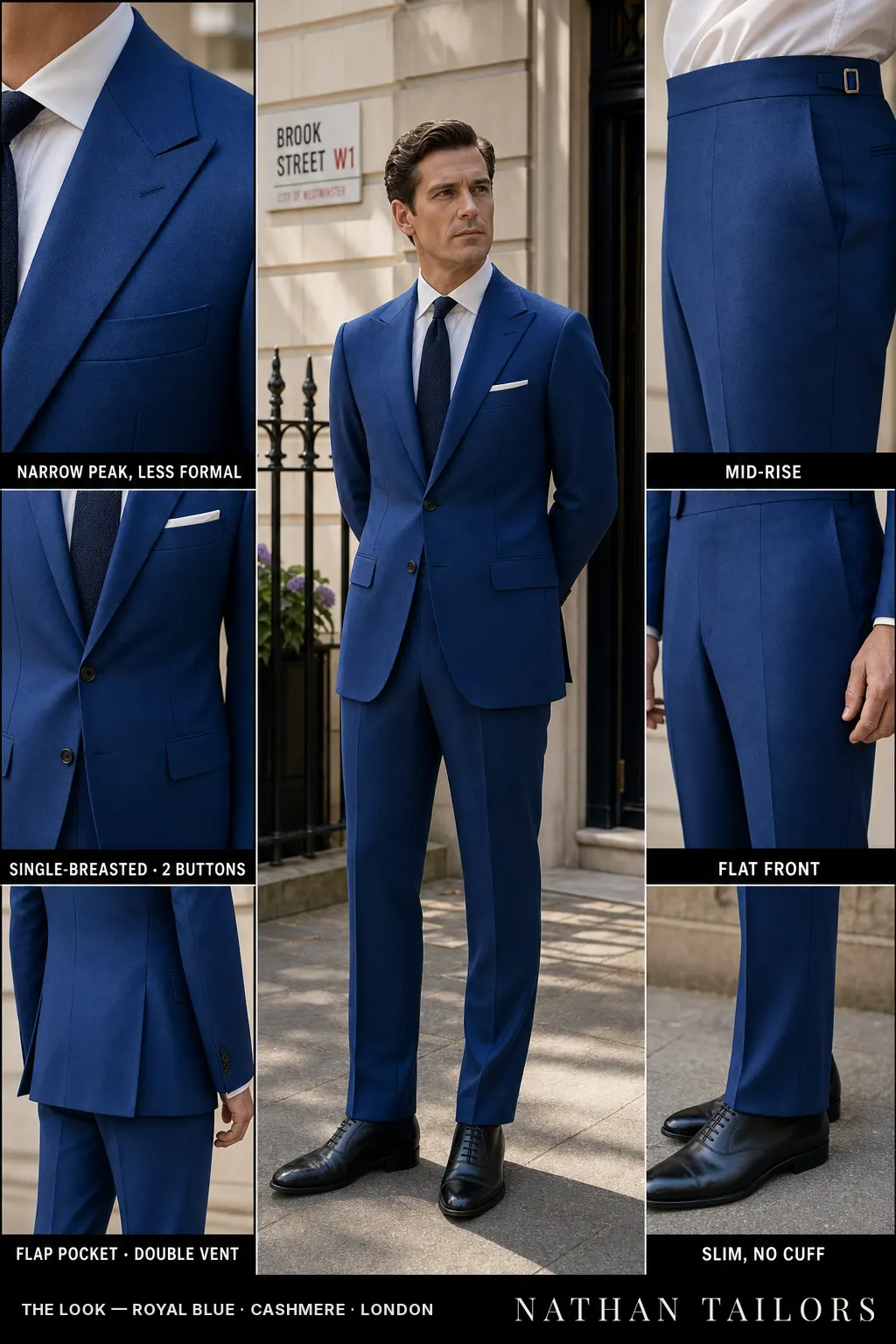 royal blue single-breasted notch-lapel bespoke suit — AI-rendered by Nathan Tailors, the Hoi An custom tailor. Available as a custom tailored suit from $149.