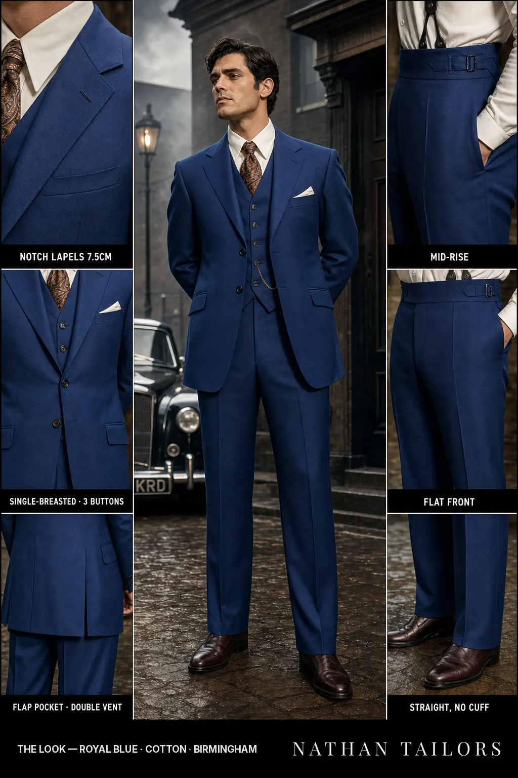 royal blue single-breasted notch-lapel bespoke suit โ AI-rendered by Nathan Tailors, the Hoi An custom tailor. Available as a custom tailored suit from $149.