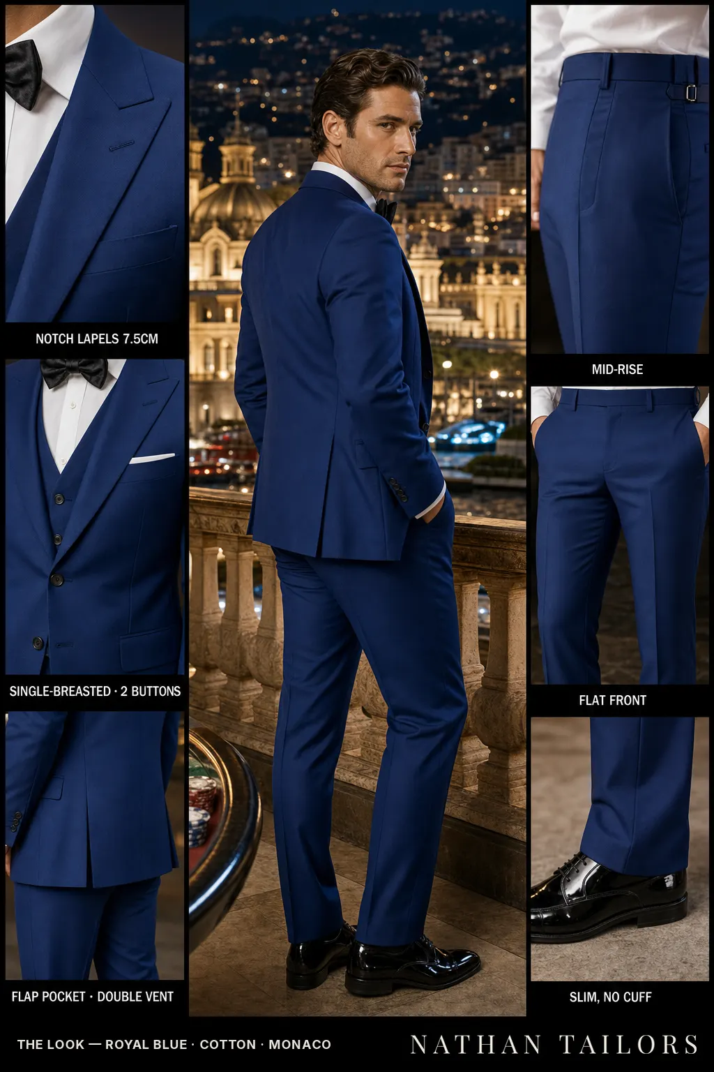royal blue single-breasted notch-lapel bespoke suit โ AI-rendered by Nathan Tailors, the Hoi An custom tailor. Available as a custom tailored suit from $169.