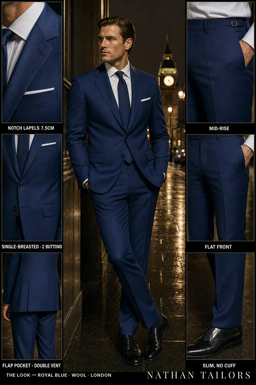 royal blue single-breasted notch-lapel bespoke suit — AI-rendered by Nathan Tailors, the Hoi An custom tailor. Available as a custom tailored suit from $149.