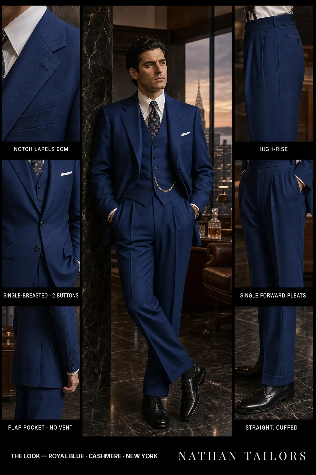 royal blue single-breasted notch-lapel bespoke suit — AI-rendered by Nathan Tailors, the Hoi An custom tailor. Available as a custom tailored suit from $149.