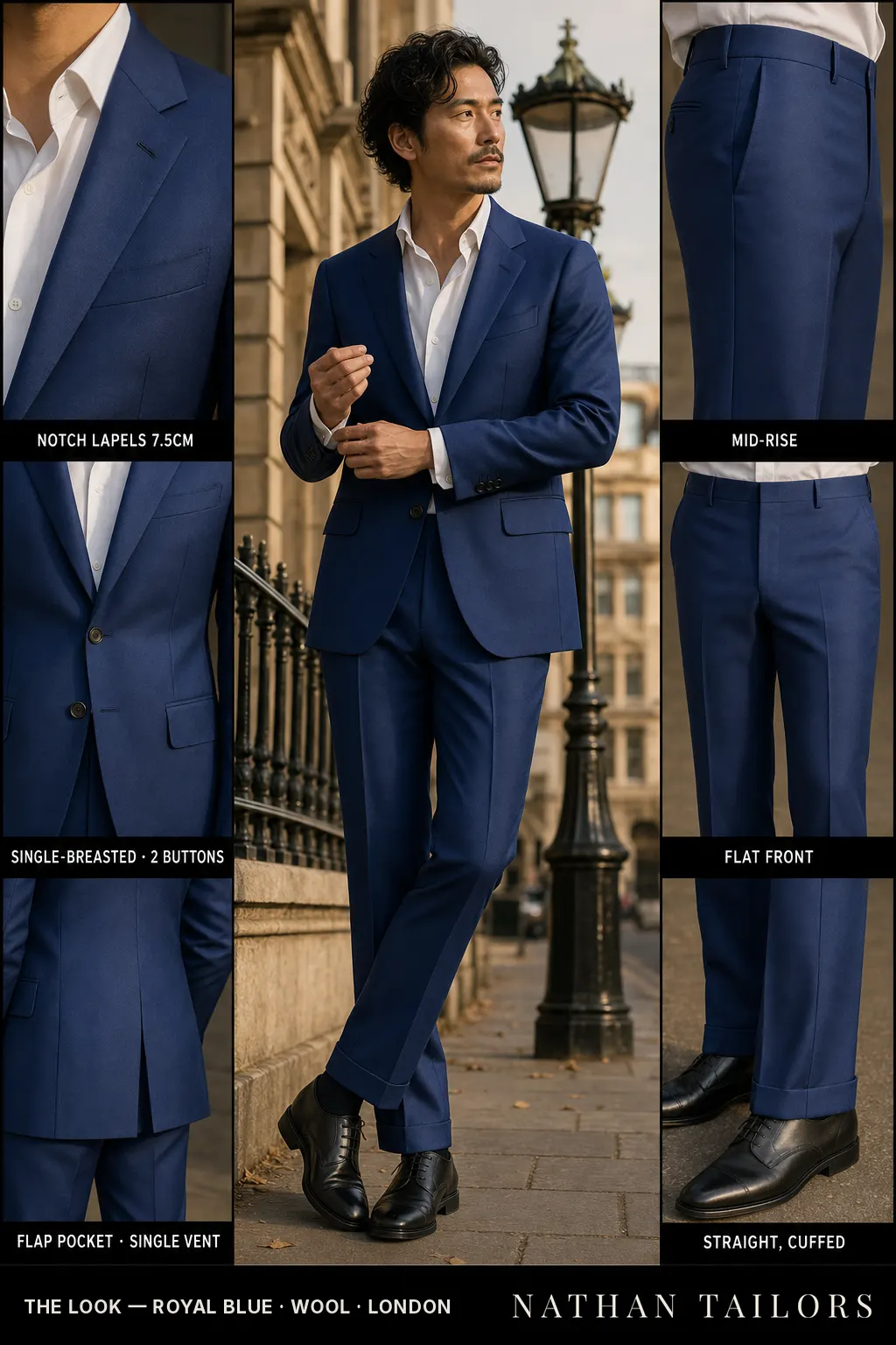 royal blue single-breasted notch-lapel bespoke suit โ AI-rendered by Nathan Tailors, the Hoi An custom tailor. Available as a custom tailored suit from $149.