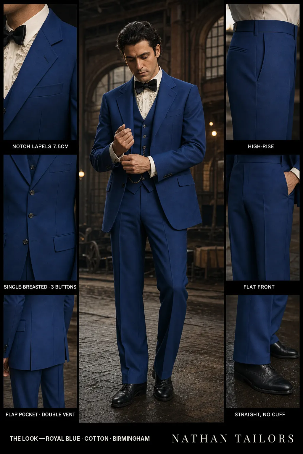 royal blue single-breasted notch-lapel bespoke suit โ AI-rendered by Nathan Tailors, the Hoi An custom tailor. Available as a custom tailored suit from $149.
