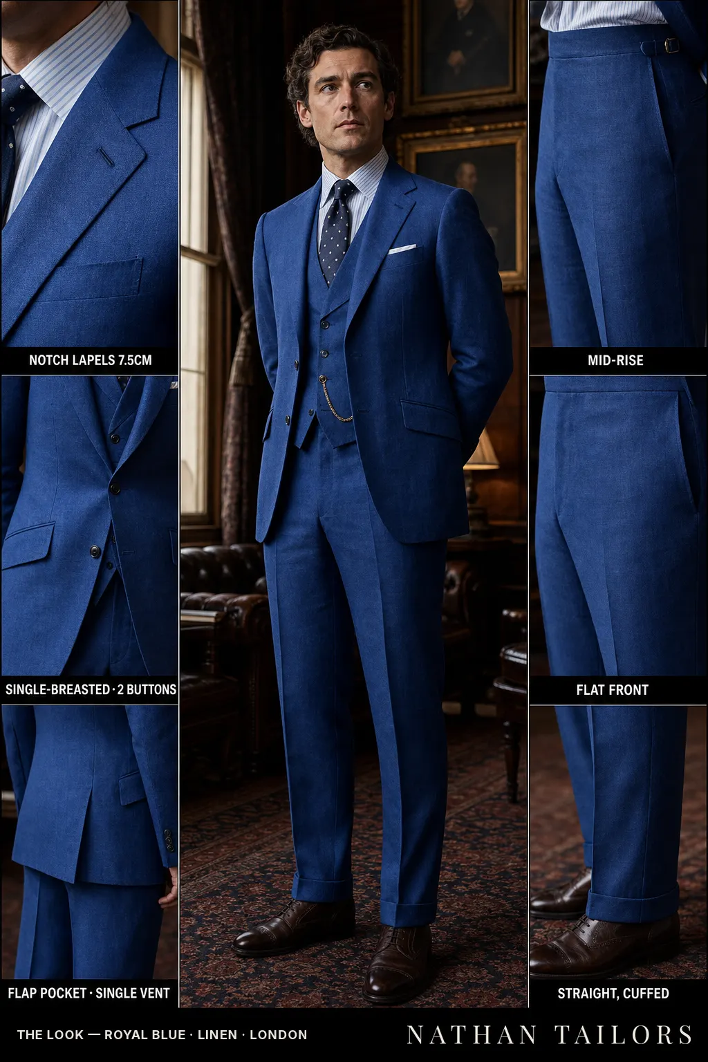 royal blue single-breasted notch-lapel bespoke suit — AI-rendered by Nathan Tailors, the Hoi An custom tailor. Available as a custom tailored suit from $149.