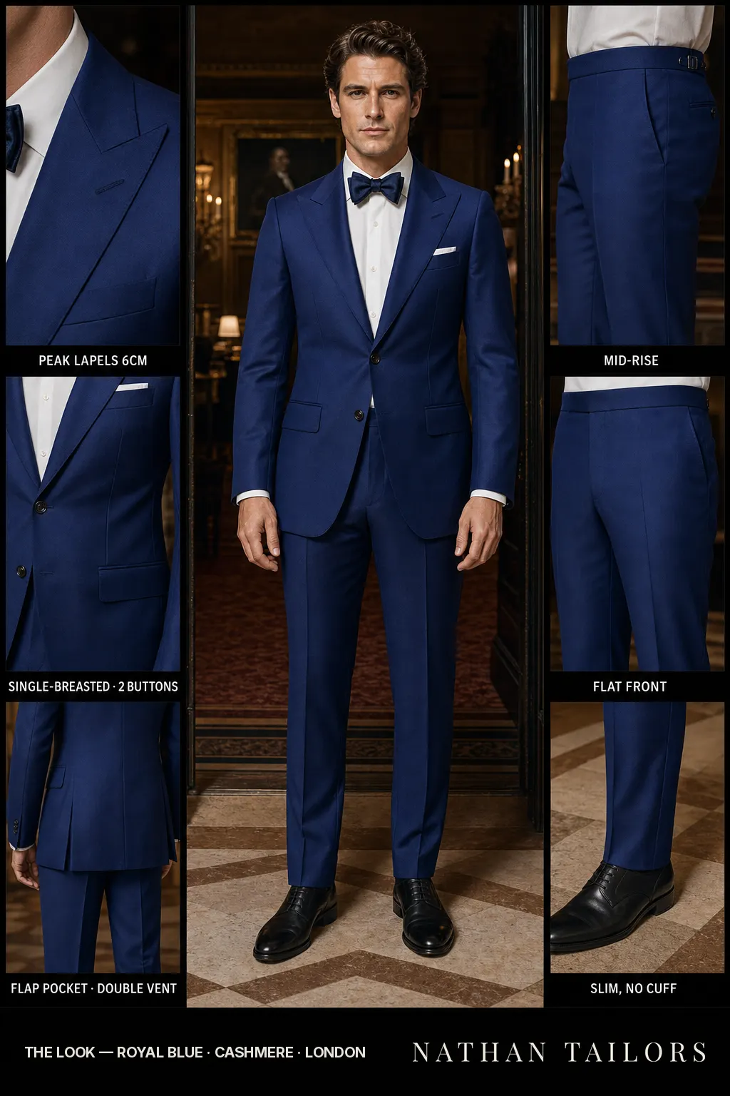 royal blue single-breasted peak-lapel bespoke suit — AI-rendered by Nathan Tailors, the Hoi An custom tailor. Available as a custom tailored suit from $149.