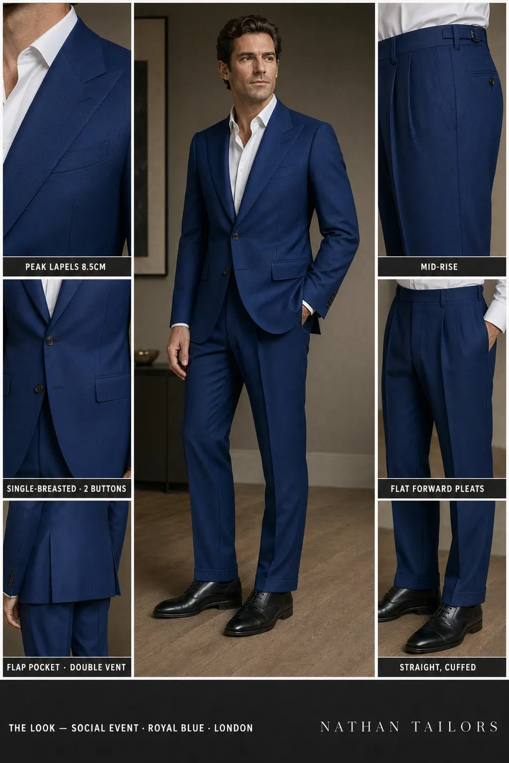 royal blue single-breasted peak-lapel bespoke suit — AI-rendered by Nathan Tailors, the Hoi An custom tailor. Available as a custom tailored suit from $149.