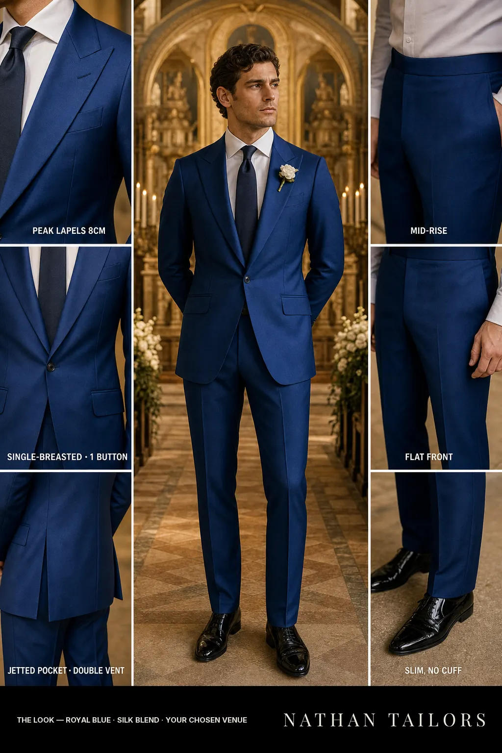 royal blue single-breasted peak-lapel bespoke suit — AI-rendered by Nathan Tailors, the Hoi An custom tailor. Available as a custom tailored suit from $149.