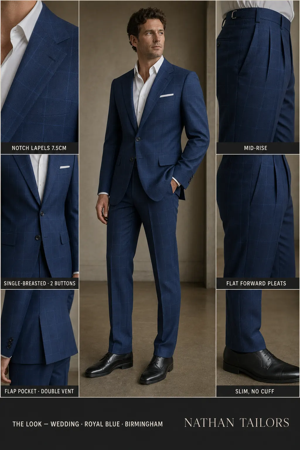 royal blue windowpane single-breasted notch-lapel bespoke suit — AI-rendered by Nathan Tailors, the Hoi An custom tailor. Available as a custom tailored suit from $149.