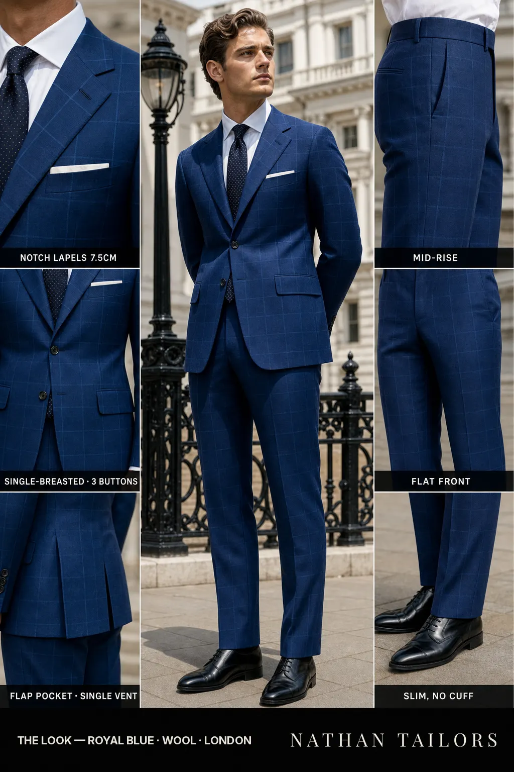 royal blue windowpane single-breasted notch-lapel bespoke suit — AI-rendered by Nathan Tailors, the Hoi An custom tailor. Available as a custom tailored suit from $149.
