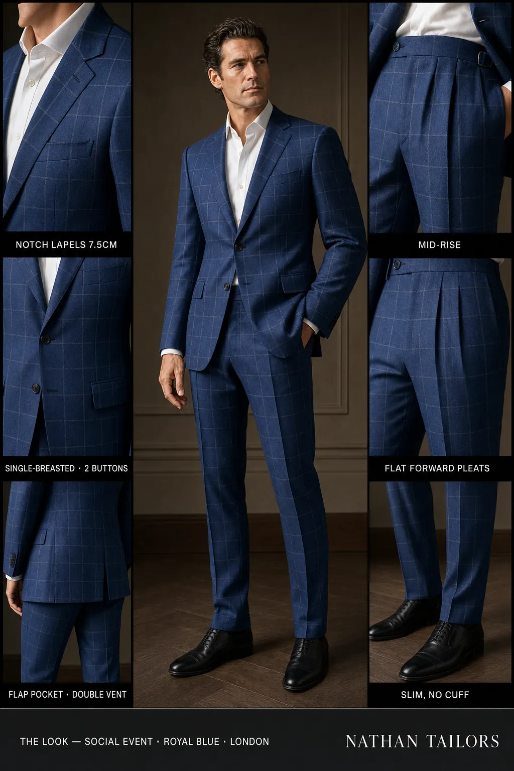 royal blue windowpane single-breasted notch-lapel bespoke suit โ AI-rendered by Nathan Tailors, the Hoi An custom tailor. Available as a custom tailored suit from $149.