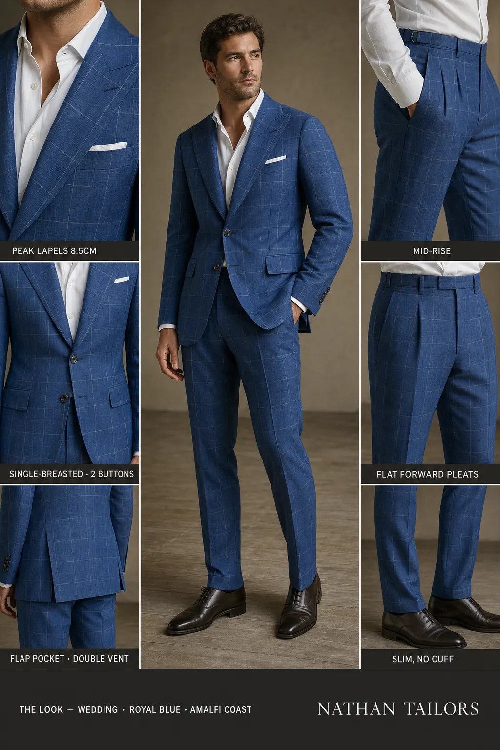 royal blue windowpane single-breasted peak-lapel bespoke suit — AI-rendered by Nathan Tailors, the Hoi An custom tailor. Available as a custom tailored suit from $149.