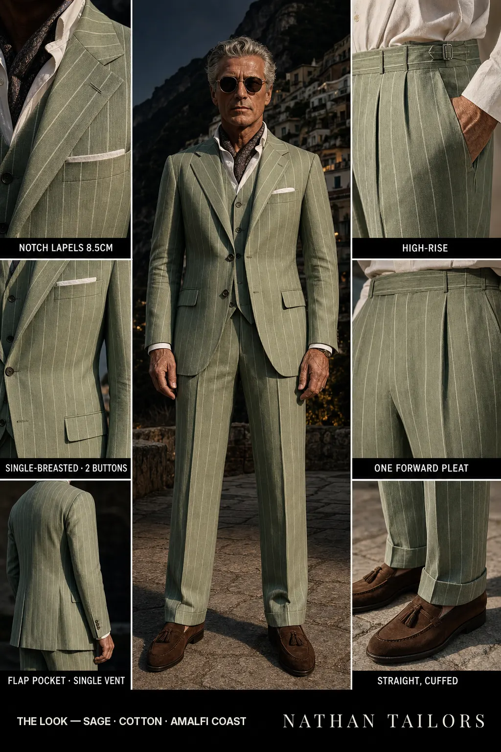 sage chalk stripe single-breasted notch-lapel bespoke suit — AI-rendered by Nathan Tailors, the Hoi An custom tailor. Available as a custom tailored suit from $149.