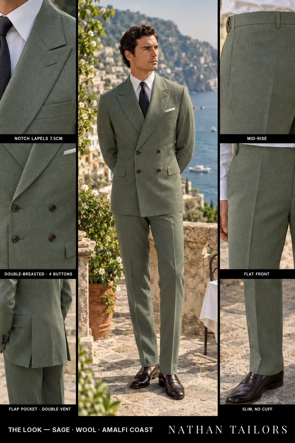 sage double-breasted bespoke suit โ custom tailored by Nathan Tailors, the Hoi An custom tailor