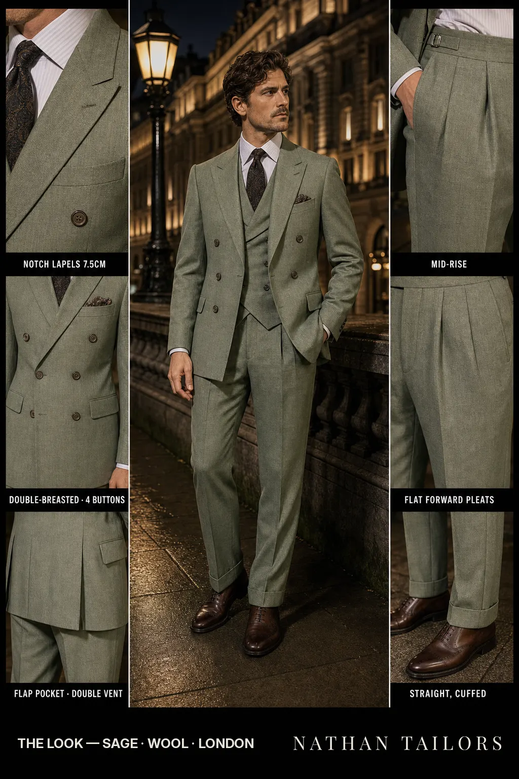 sage double-breasted notch-lapel bespoke suit — AI-rendered by Nathan Tailors, the Hoi An custom tailor. Available as a custom tailored suit from $149.