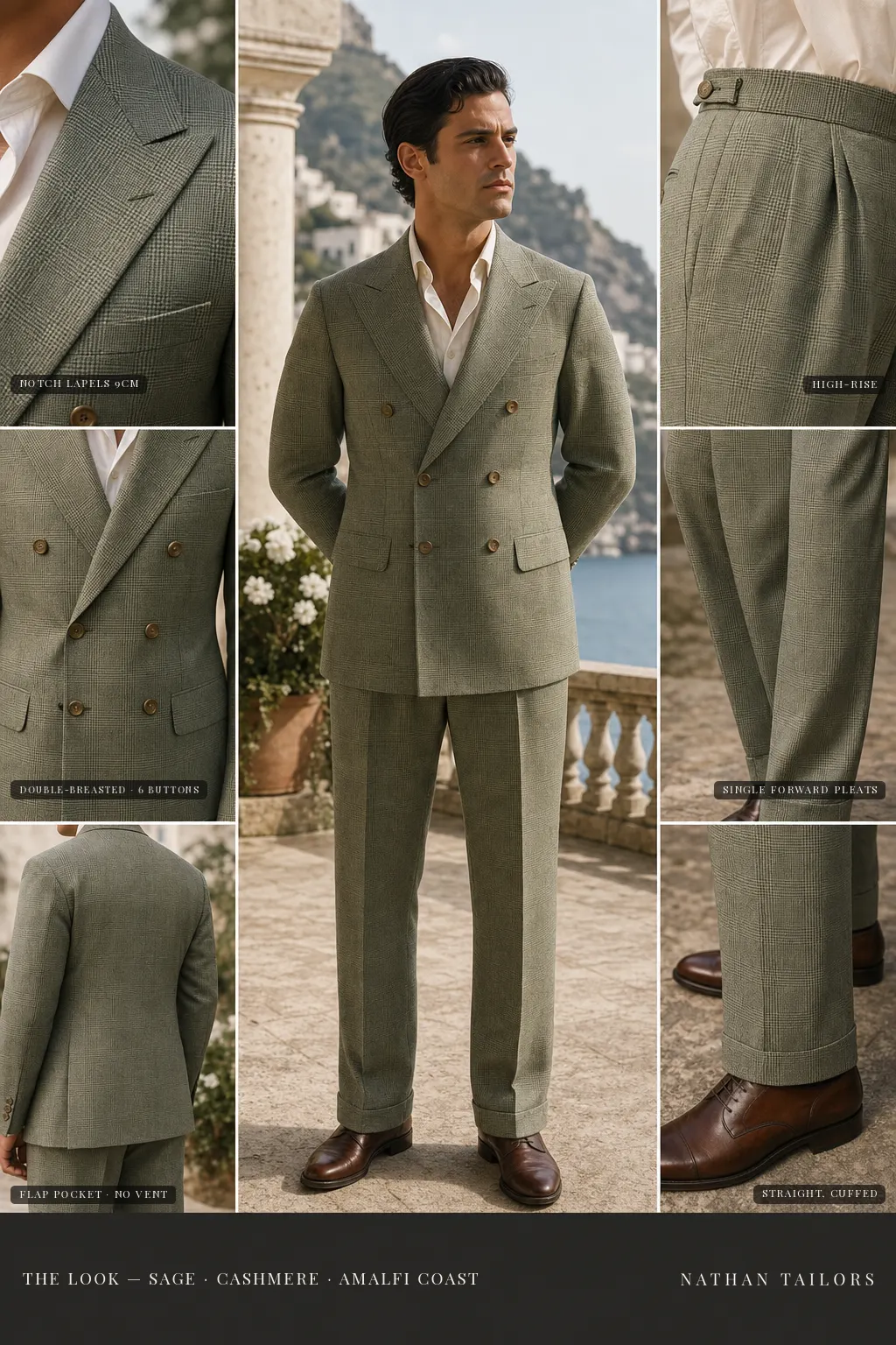 sage glen plaid double-breasted notch-lapel bespoke suit — AI-rendered by Nathan Tailors, the Hoi An custom tailor. Available as a custom tailored suit from $149.