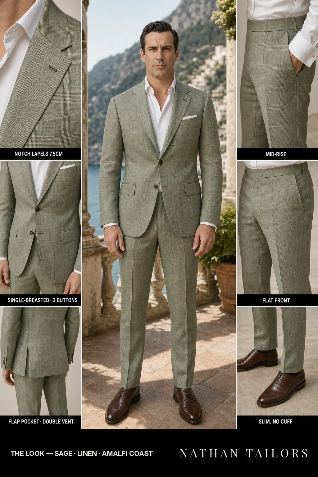 sage glen plaid single-breasted notch-lapel bespoke suit — AI-rendered by Nathan Tailors, the Hoi An custom tailor. Available as a custom tailored suit from $149.