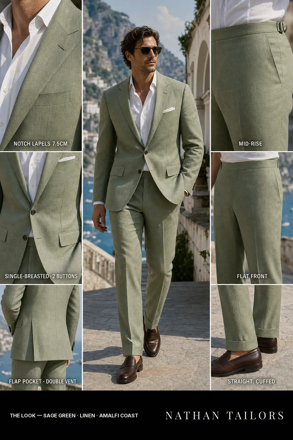 sage green single-breasted notch-lapel bespoke suit — AI-rendered by Nathan Tailors, the Hoi An custom tailor. Available as a custom tailored suit from $149.