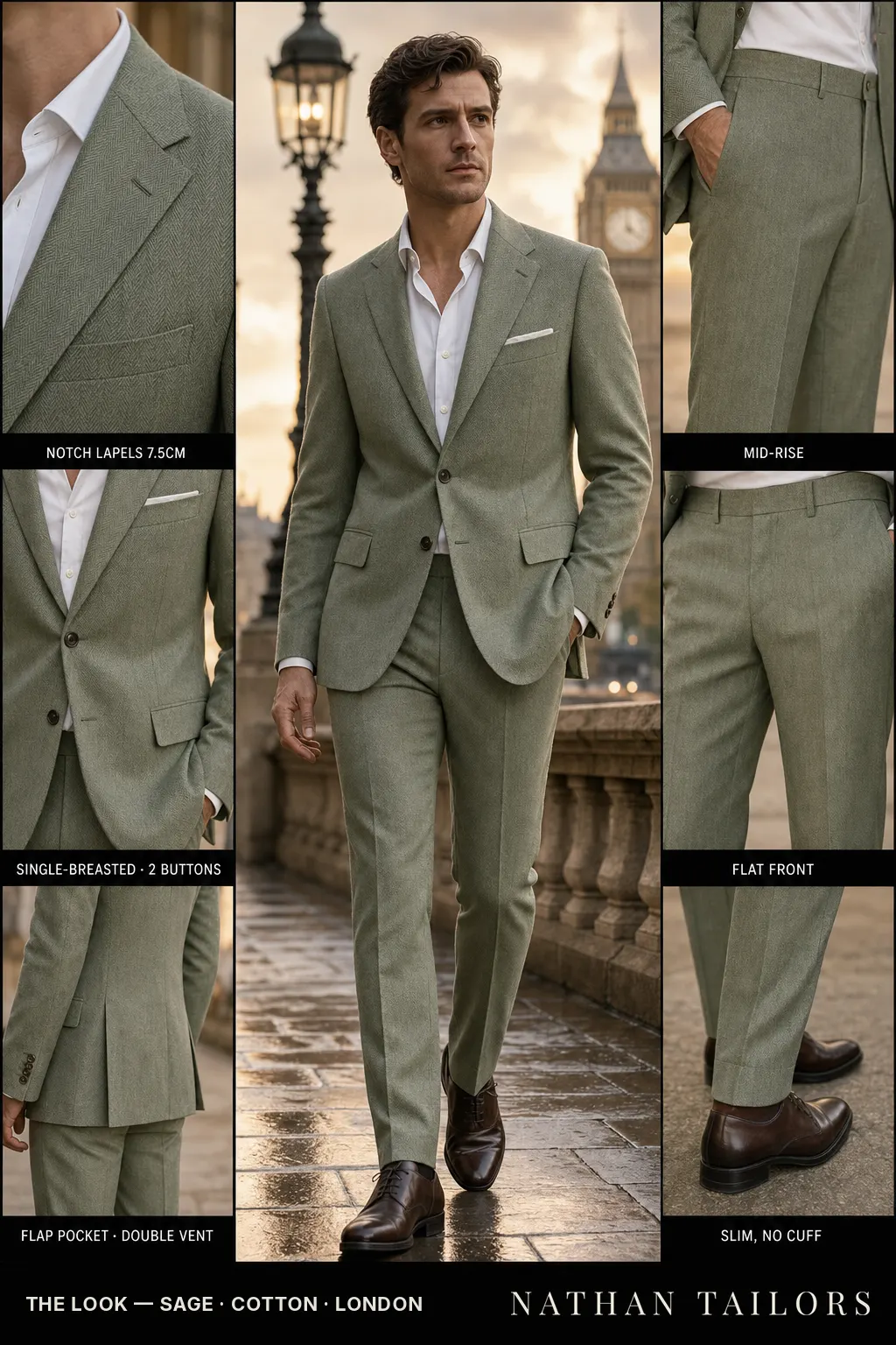 sage herringbone single-breasted notch-lapel bespoke suit — AI-rendered by Nathan Tailors, the Hoi An custom tailor. Available as a custom tailored suit from $149.
