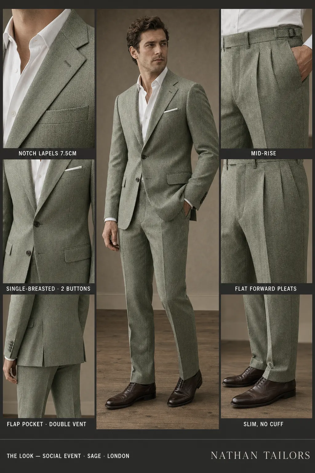 sage herringbone single-breasted notch-lapel bespoke suit — AI-rendered by Nathan Tailors, the Hoi An custom tailor. Available as a custom tailored suit from $149.