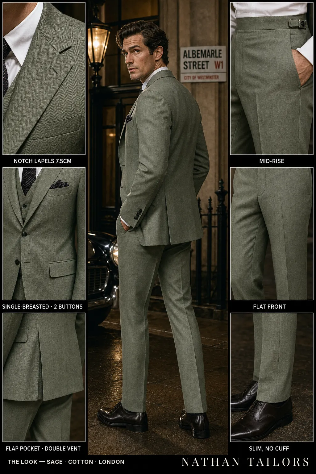 sage herringbone single-breasted notch-lapel bespoke suit โ AI-rendered by Nathan Tailors, the Hoi An custom tailor. Available as a custom tailored suit from $149.