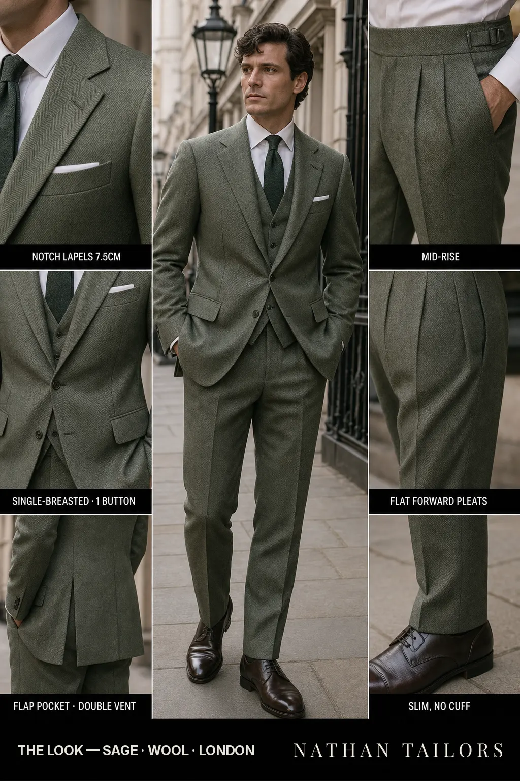 sage herringbone single-breasted notch-lapel bespoke suit โ AI-rendered by Nathan Tailors, the Hoi An custom tailor. Available as a custom tailored suit from $149.
