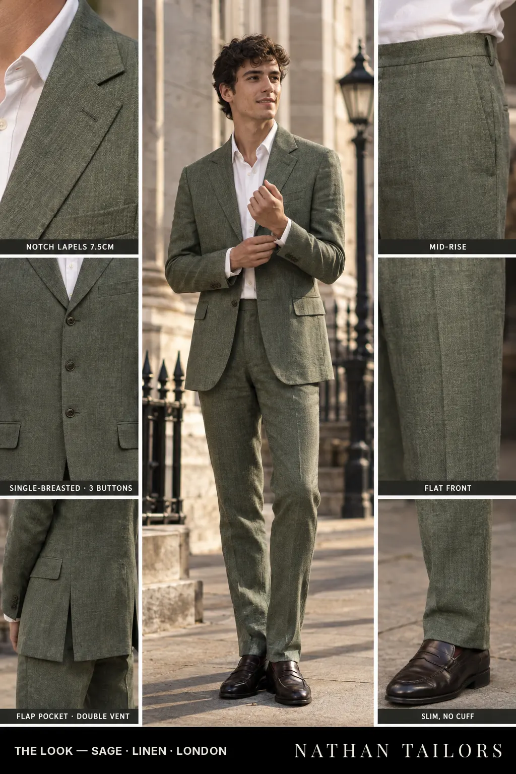 sage herringbone single-breasted bespoke suit — custom tailored by Nathan Tailors, the Hoi An custom tailor