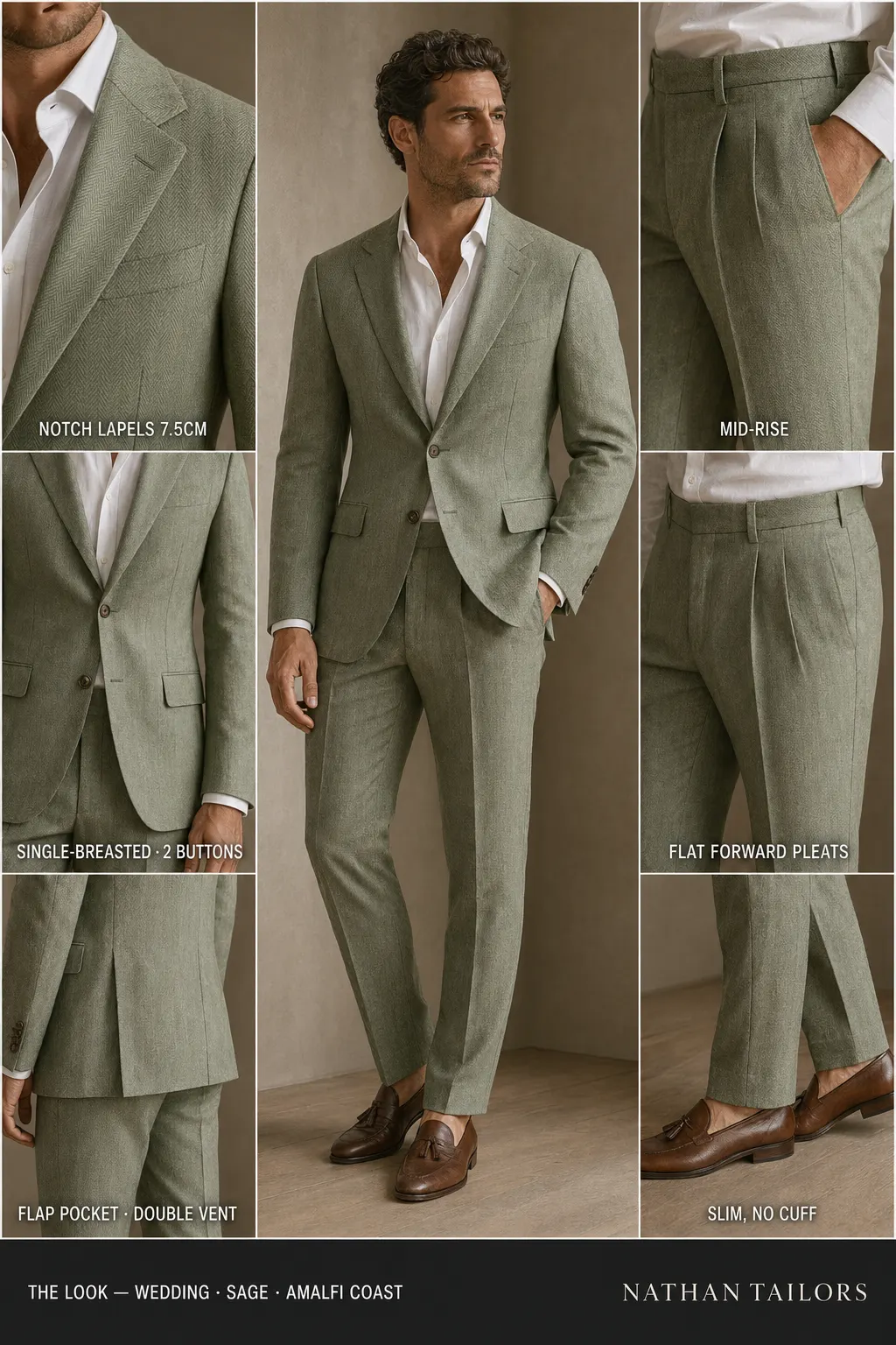 sage herringbone single-breasted notch-lapel bespoke suit — AI-rendered by Nathan Tailors, the Hoi An custom tailor. Available as a custom tailored suit from $149.