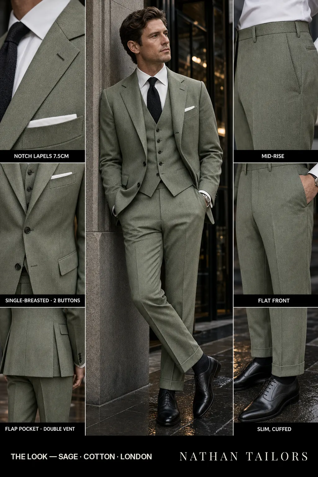 sage herringbone single-breasted notch-lapel bespoke suit — AI-rendered by Nathan Tailors, the Hoi An custom tailor. Available as a custom tailored suit from $149.
