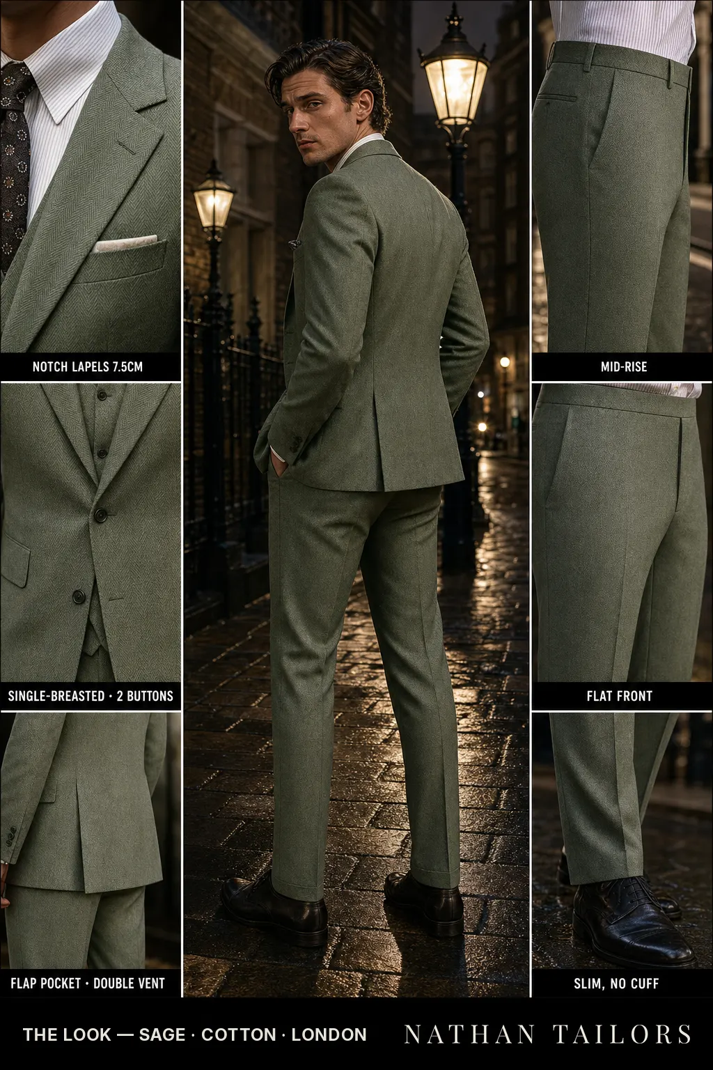 sage herringbone single-breasted notch-lapel bespoke suit โ AI-rendered by Nathan Tailors, the Hoi An custom tailor. Available as a custom tailored suit from $149.