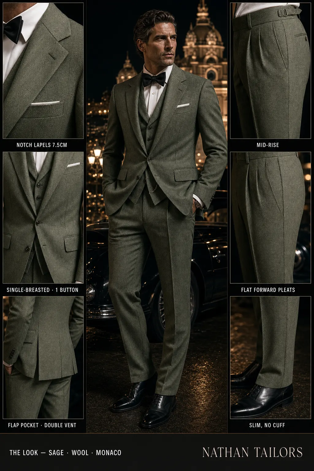 sage herringbone single-breasted notch-lapel bespoke suit — AI-rendered by Nathan Tailors, the Hoi An custom tailor. Available as a custom tailored suit from $149.