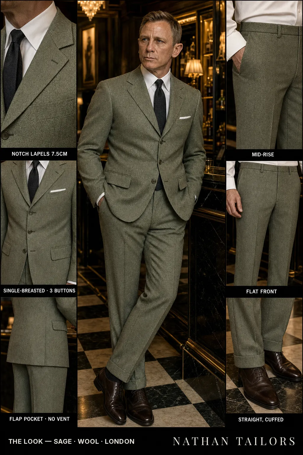 sage herringbone single-breasted notch-lapel bespoke suit — AI-rendered by Nathan Tailors, the Hoi An custom tailor. Available as a custom tailored suit from $149.