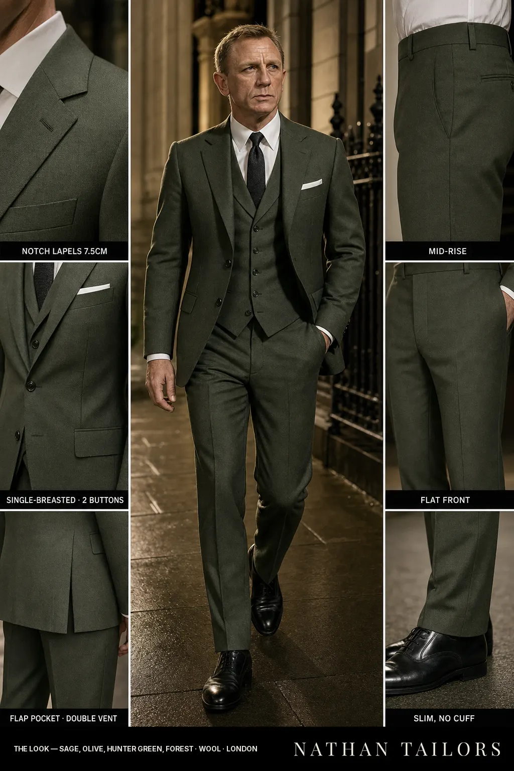 Sage, olive, hunter green, forest single-breasted notch-lapel bespoke suit โ AI-rendered by Nathan Tailors, the Hoi An custom tailor. Available as a custom tailored suit from $149.