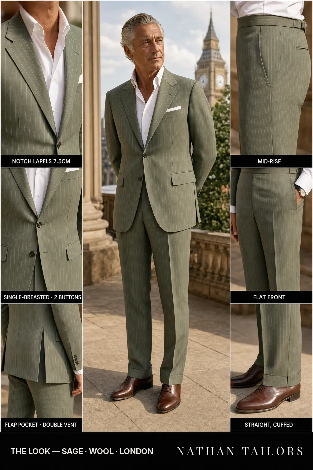 sage pinstripe single-breasted notch-lapel bespoke suit โ AI-rendered by Nathan Tailors, the Hoi An custom tailor. Available as a custom tailored suit from $149.