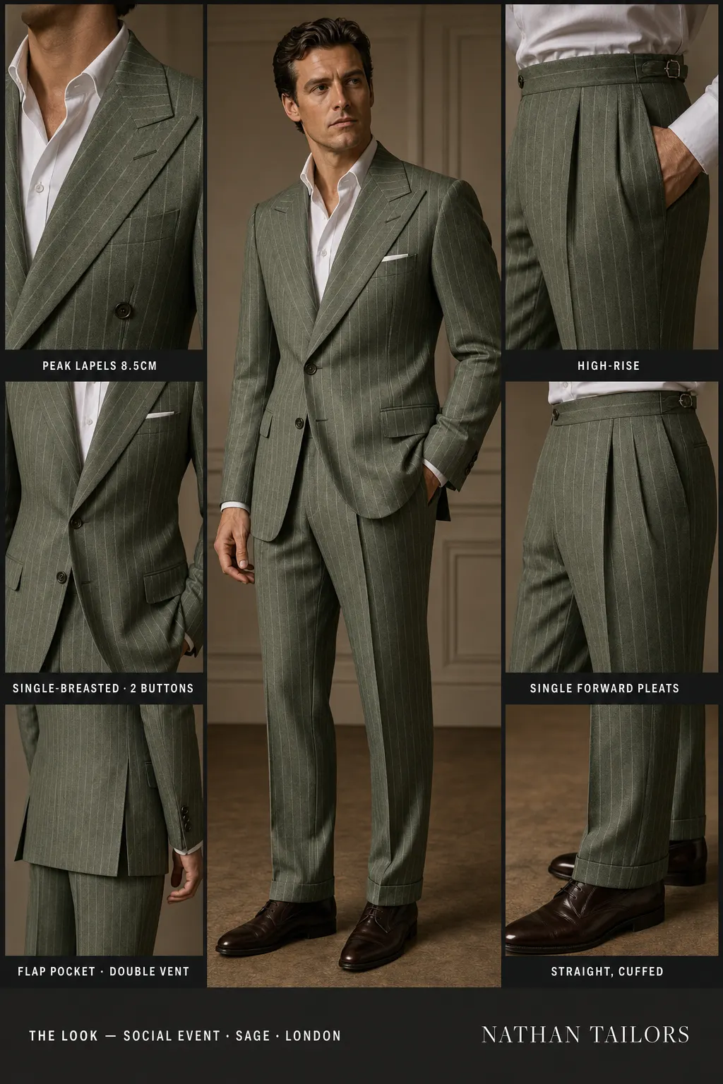 sage pinstripe single-breasted peak-lapel bespoke suit โ AI-rendered by Nathan Tailors, the Hoi An custom tailor. Available as a custom tailored suit from $149.
