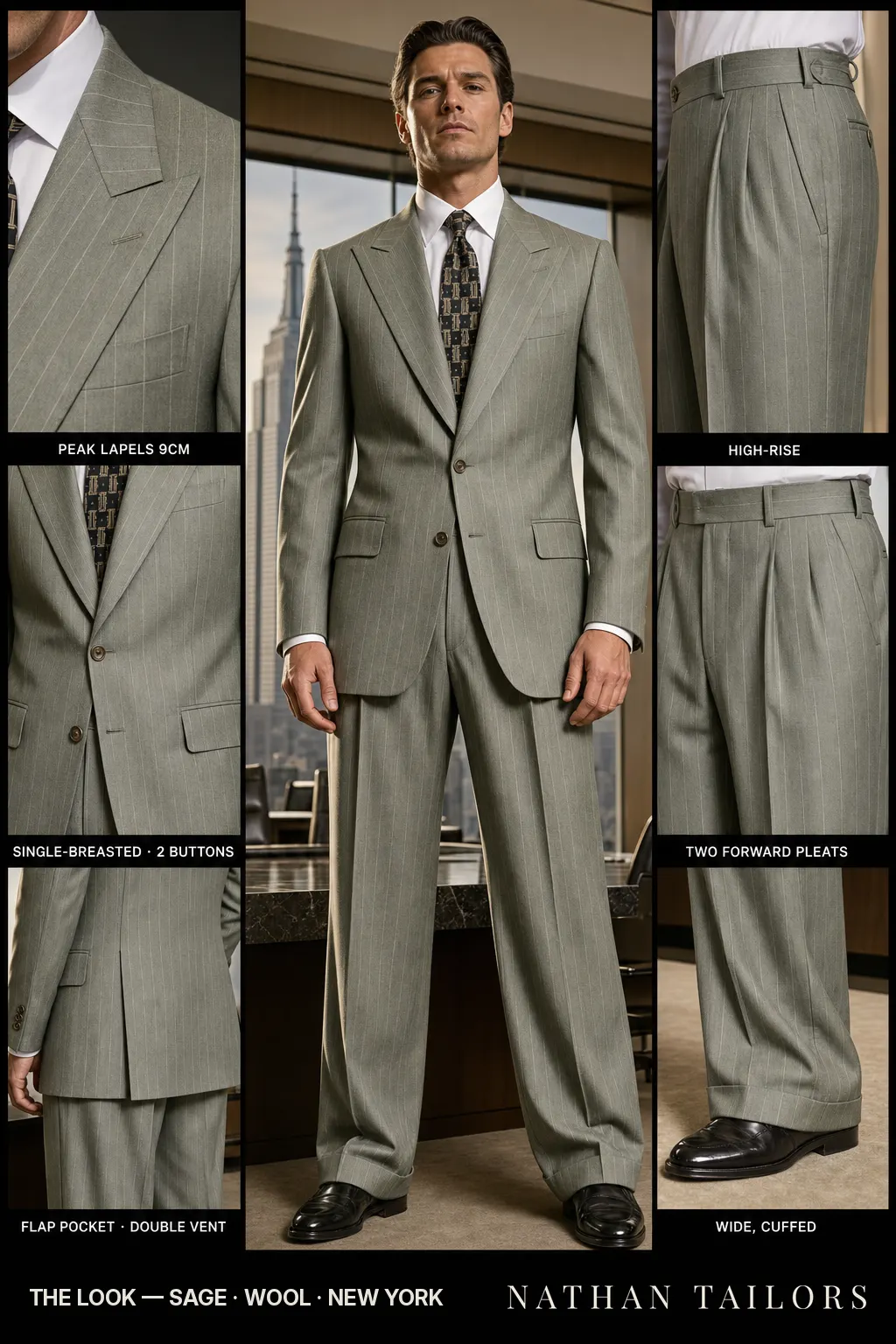 sage pinstripe single-breasted bespoke suit — custom tailored by Nathan Tailors, the Hoi An custom tailor
