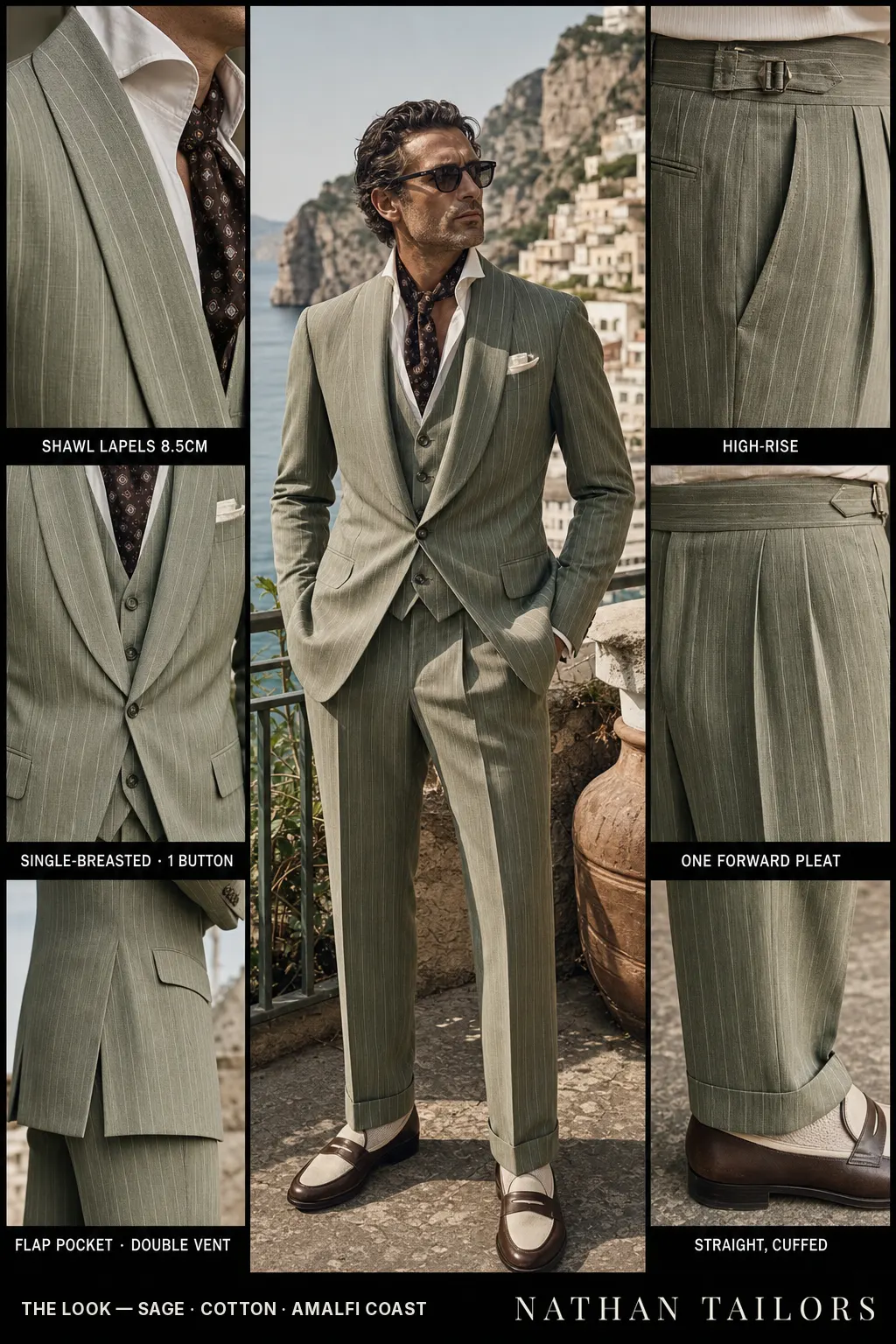 sage pinstripe single-breasted shawl-lapel bespoke suit — AI-rendered by Nathan Tailors, the Hoi An custom tailor. Available as a custom tailored suit from $149.