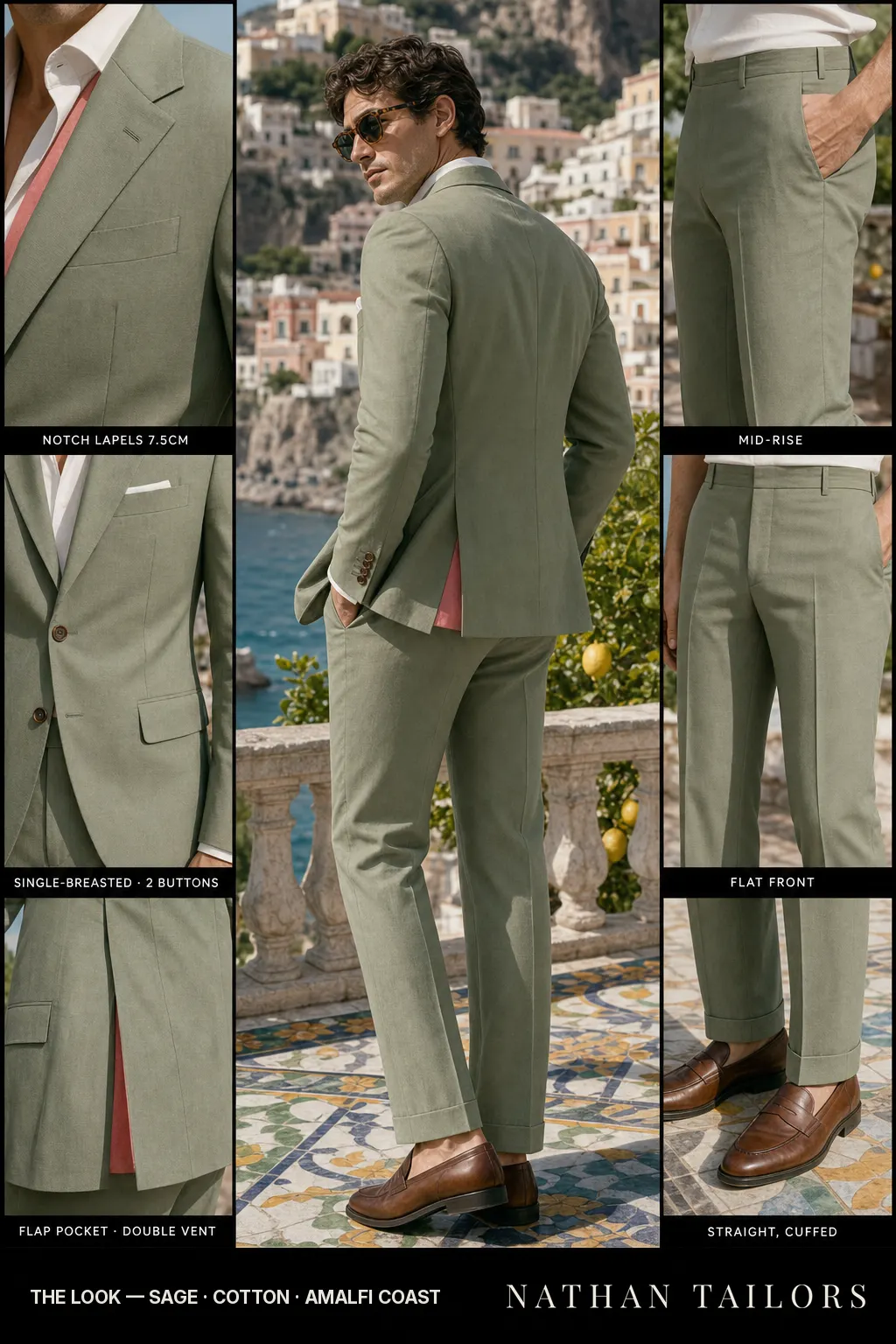 sage single-breasted notch-lapel bespoke suit โ AI-rendered by Nathan Tailors, the Hoi An custom tailor. Available as a custom tailored suit from $149.