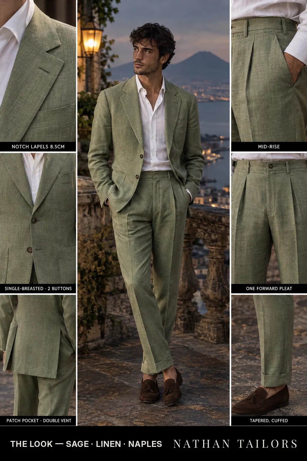 sage single-breasted bespoke suit โ custom tailored by Nathan Tailors, the Hoi An custom tailor