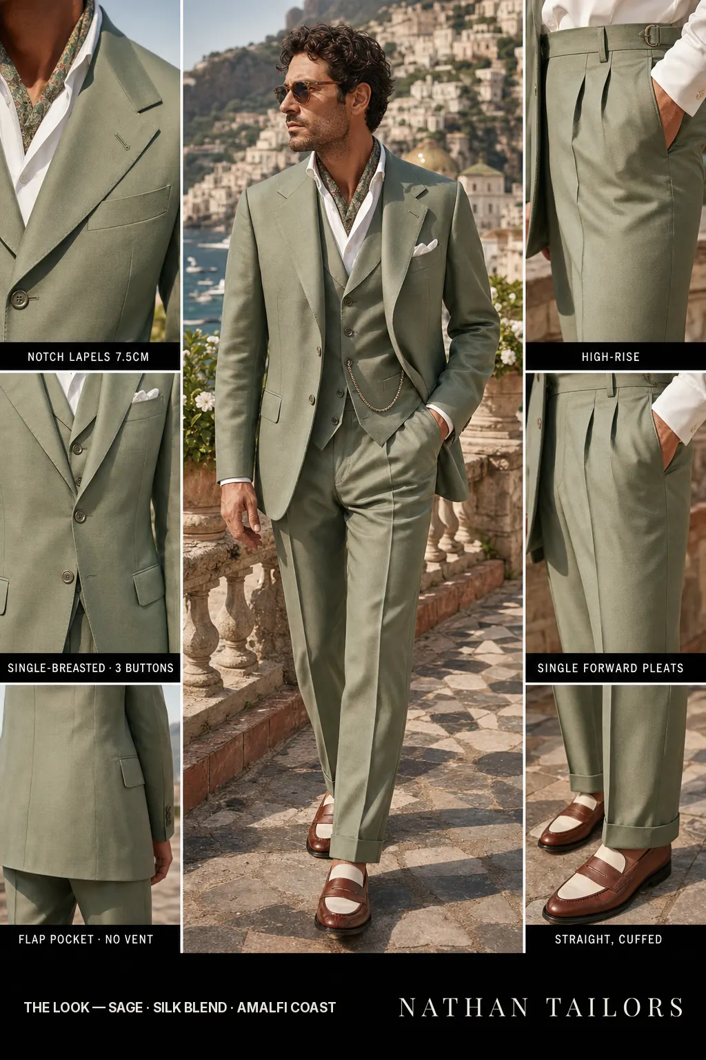 sage single-breasted notch-lapel bespoke suit โ AI-rendered by Nathan Tailors, the Hoi An custom tailor. Available as a custom tailored suit from $149.