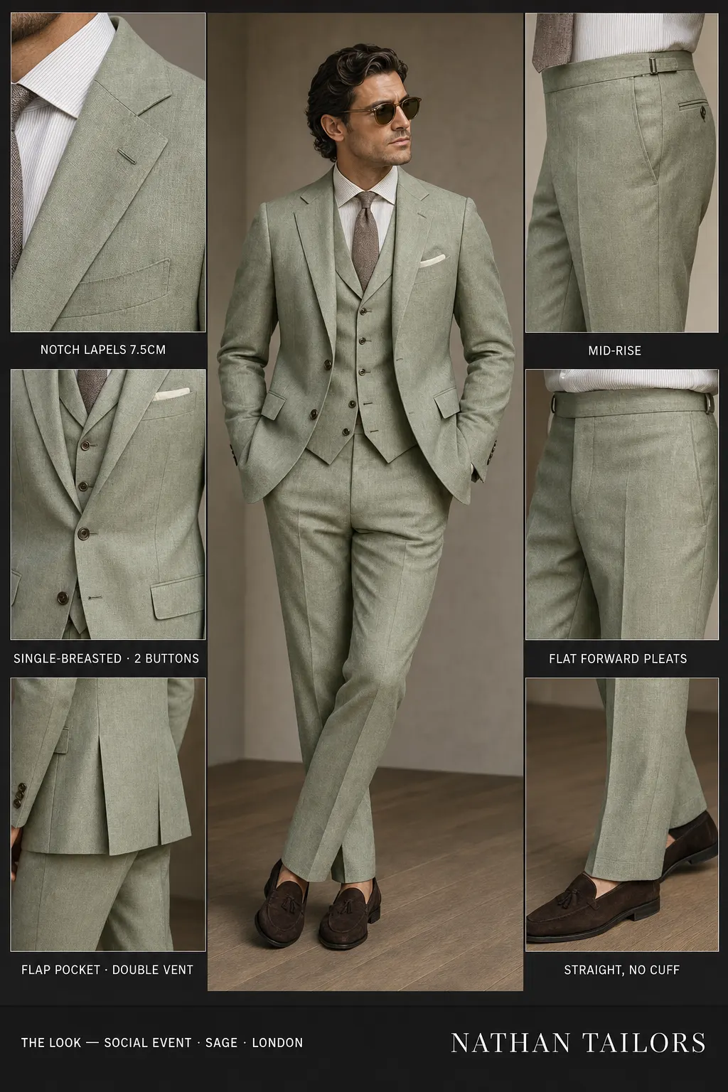 sage single-breasted notch-lapel bespoke suit — AI-rendered by Nathan Tailors, the Hoi An custom tailor. Available as a custom tailored suit from $149.