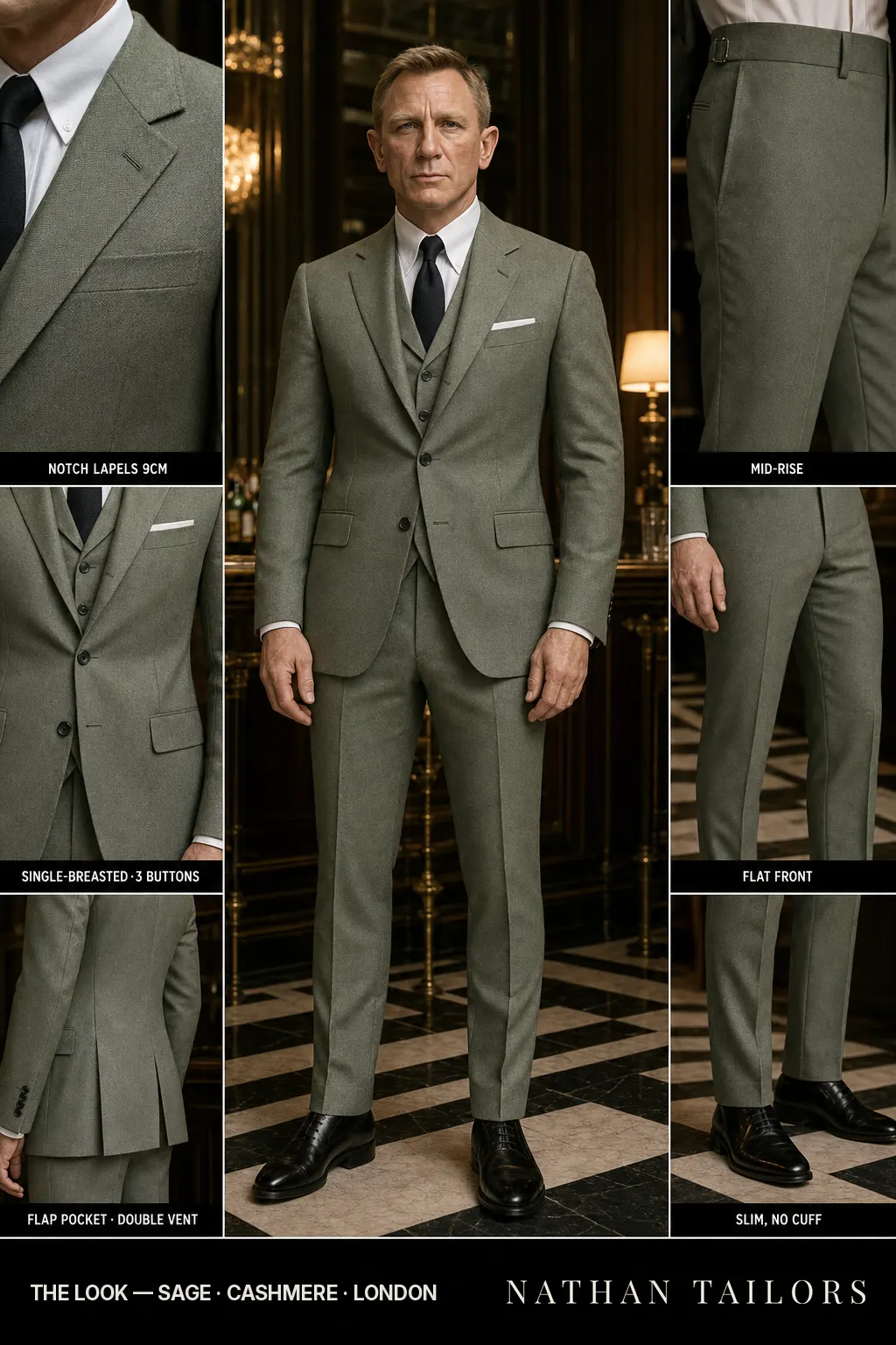 sage single-breasted notch-lapel bespoke suit — AI-rendered by Nathan Tailors, the Hoi An custom tailor. Available as a custom tailored suit from $149.
