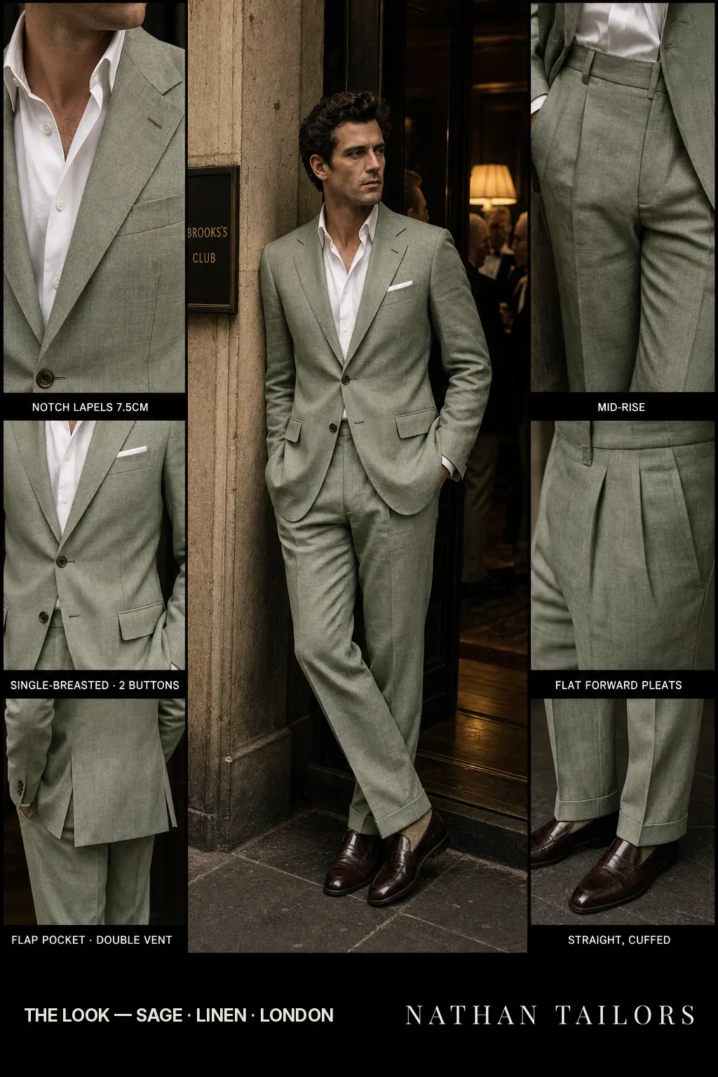 sage single-breasted notch-lapel bespoke suit — AI-rendered by Nathan Tailors, the Hoi An custom tailor. Available as a custom tailored suit from $149.