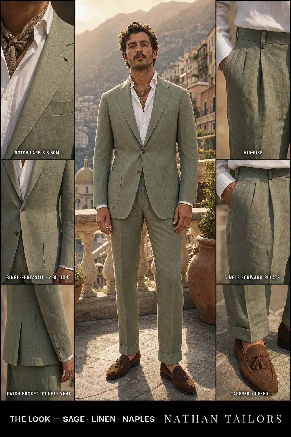 sage single-breasted notch-lapel bespoke suit — AI-rendered by Nathan Tailors, the Hoi An custom tailor. Available as a custom tailored suit from $149.