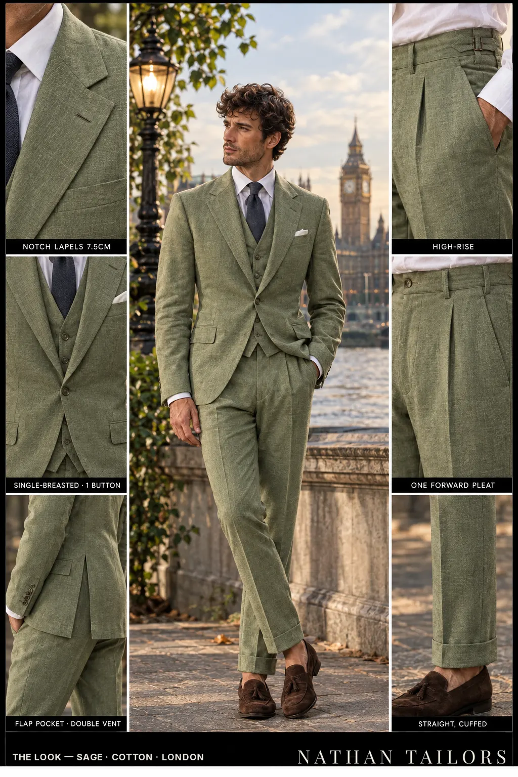 sage single-breasted bespoke suit โ custom tailored by Nathan Tailors, the Hoi An custom tailor