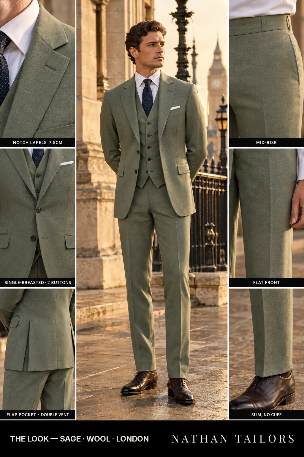 sage single-breasted bespoke suit — custom tailored by Nathan Tailors, the Hoi An custom tailor